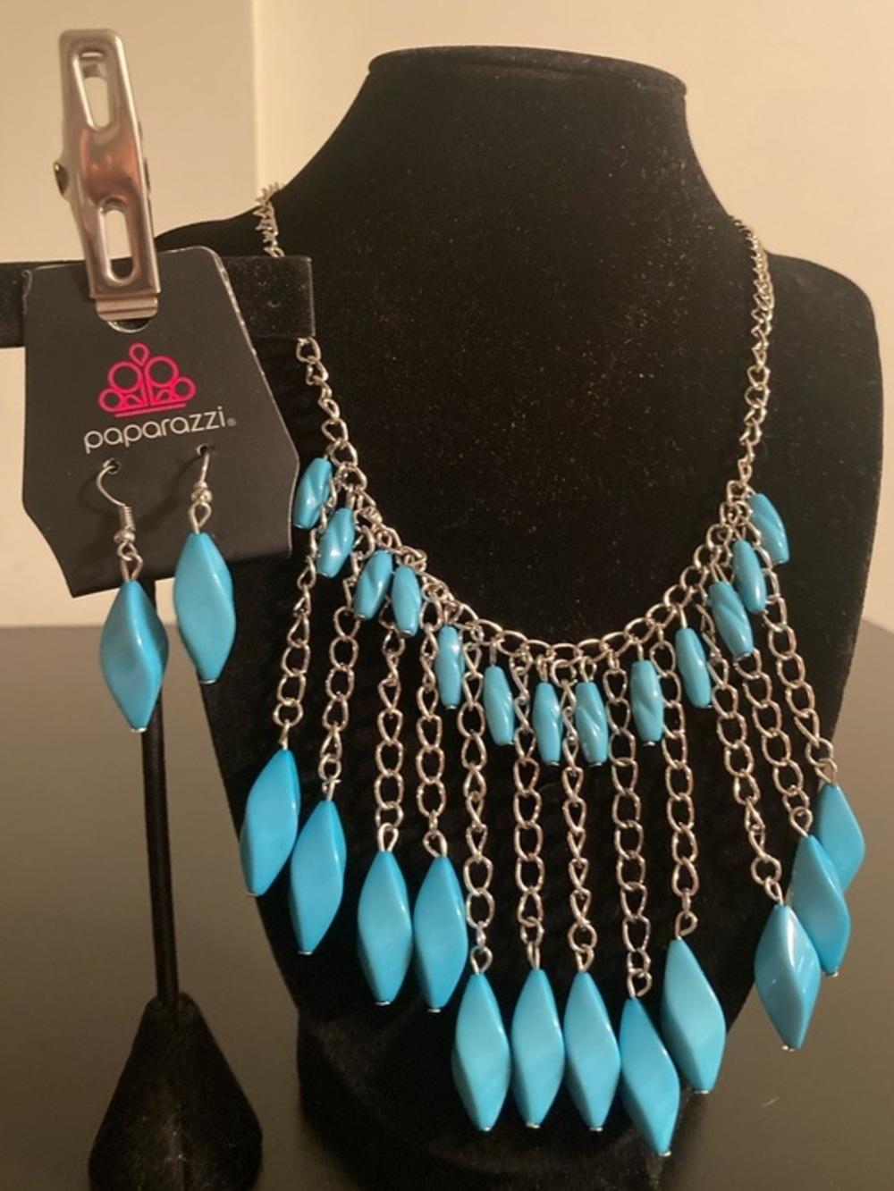 paparazzi Bright Blue Multi-Chain Fringe Necklace and Earring Set